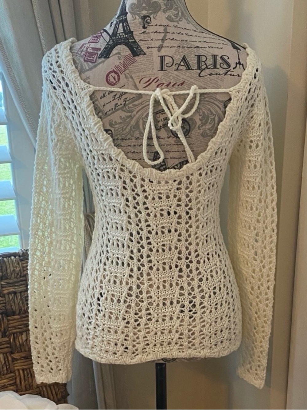 VENUS Ivory Crochet Open Knit Boho Sweater Top XS - Picture 6 of 8